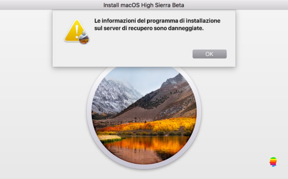 High Sierra, soluzione errore: informazioni di installazione sul server di recupero danneggiate