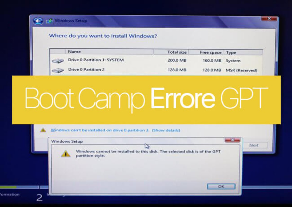 boot camp windows 10 errore GPT